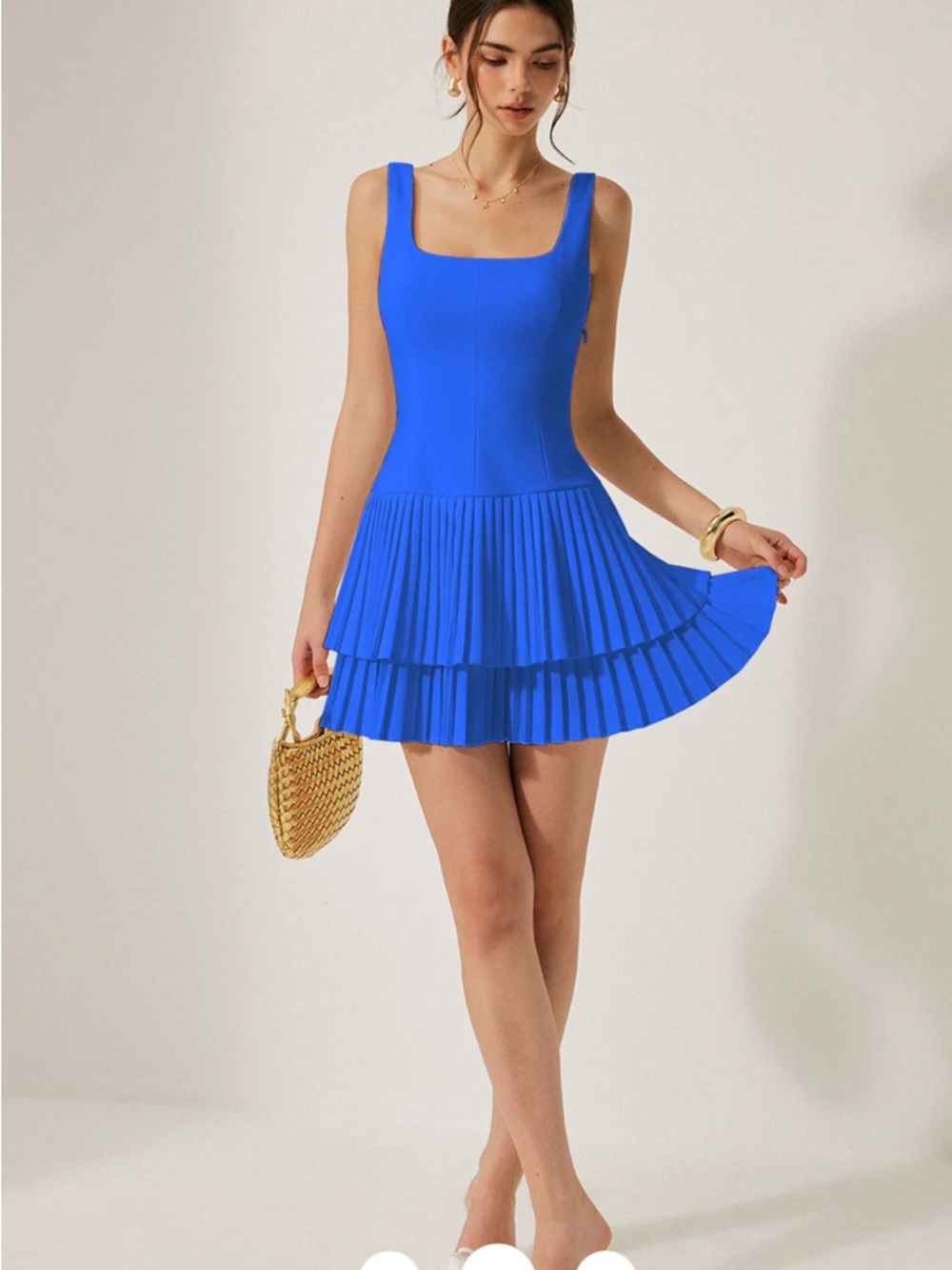 Commense Square-Neck Pleated Mini Dress in Bright Blue - Small